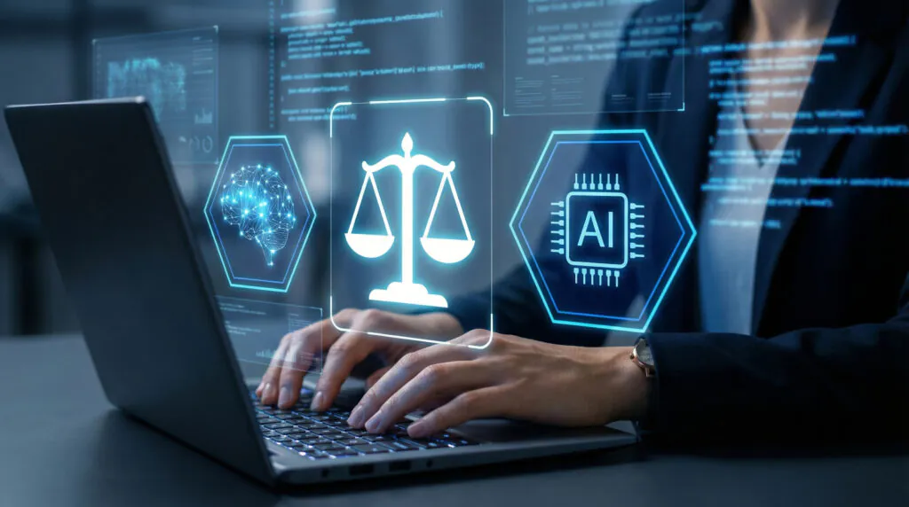 Lawyer using a laptop with AI, legal scales, and digital interface graphics representing ethical AI in legal practice.