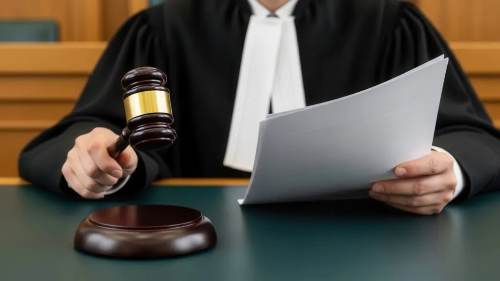 Judge holding a gavel and court documents while seated at the bench in a courtroom.