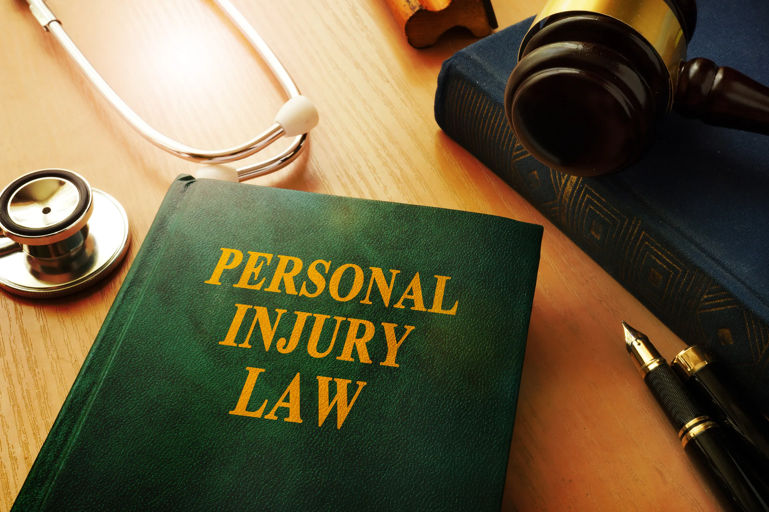 Personal injury law book with a stethoscope, judge’s gavel, and pen on a wooden desk.