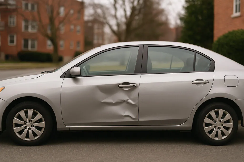 Passenger-car door panel with a modest dent after a collision in New Jersey
