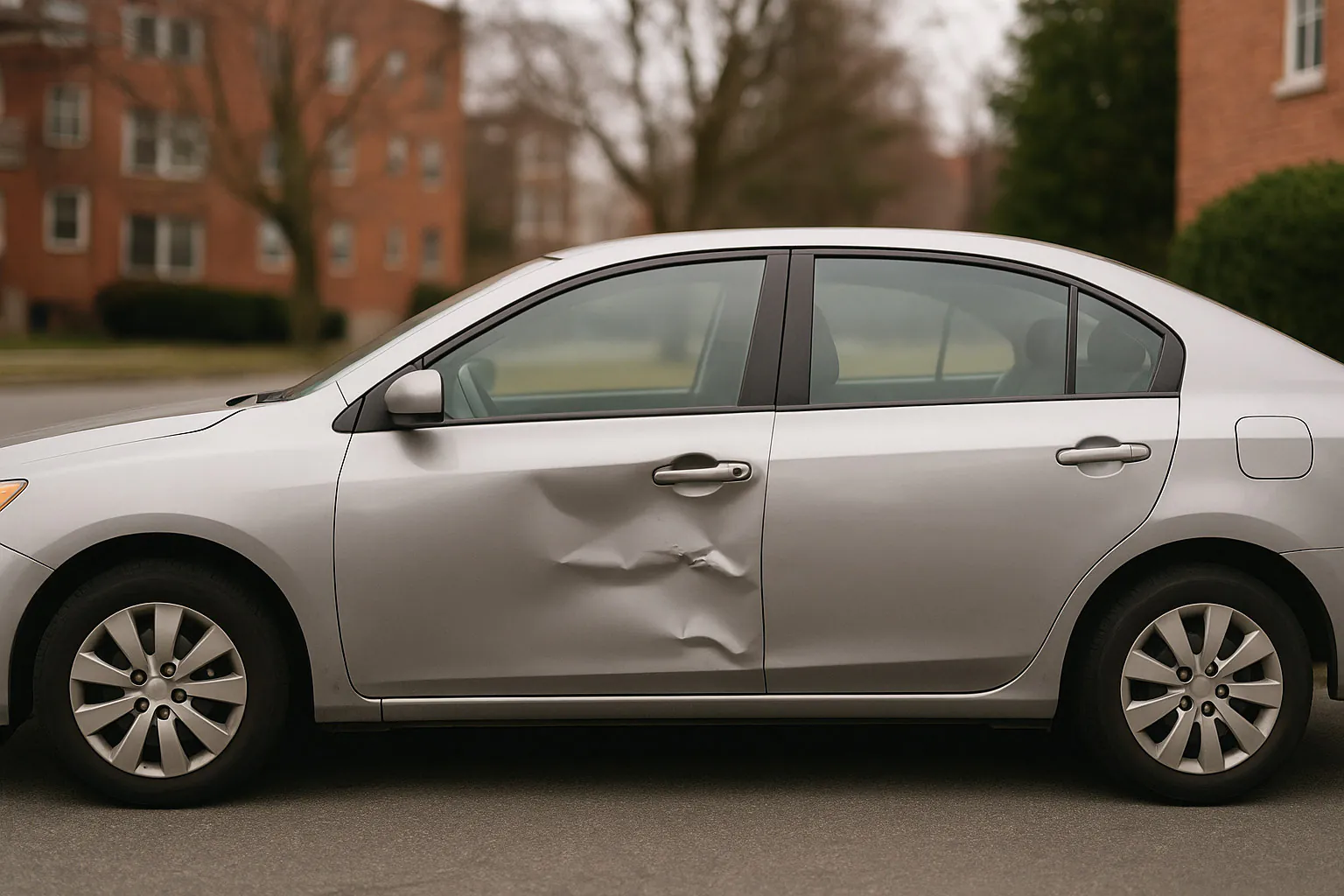 Passenger-car door panel with a modest dent after a collision in New Jersey