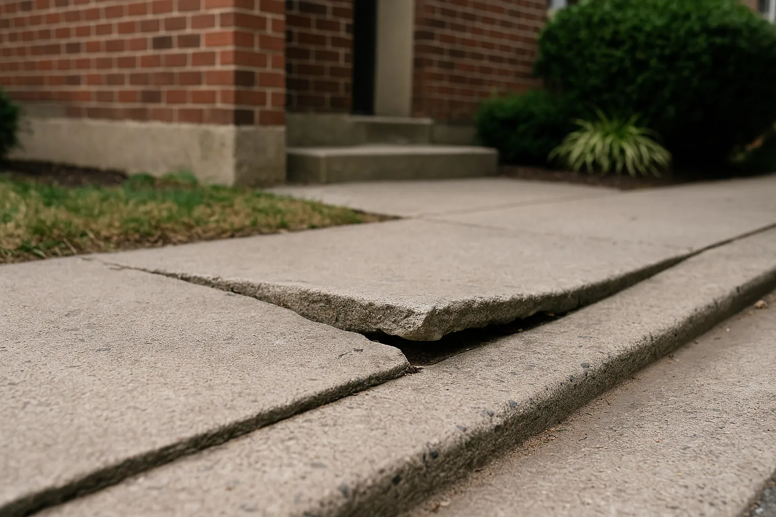Uneven concrete pedestrian walkway with a raised broken slab edge in Hudson County
