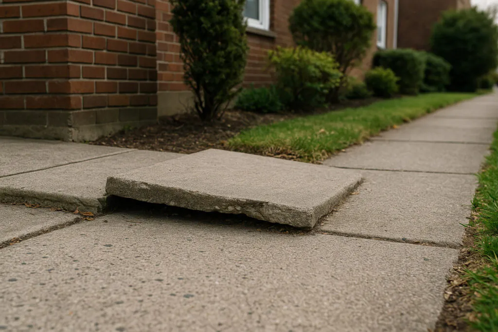 Uneven concrete pedestrian walkway with a raised broken slab edge in Kearny NJ