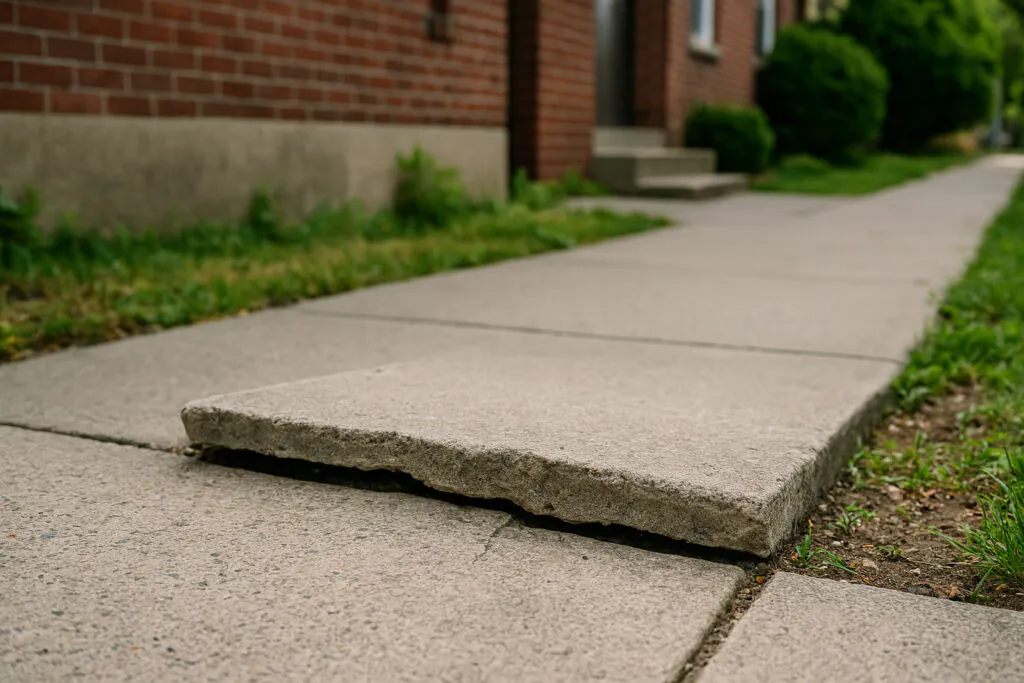Uneven concrete pedestrian walkway with a raised broken slab edge in West New York NJ