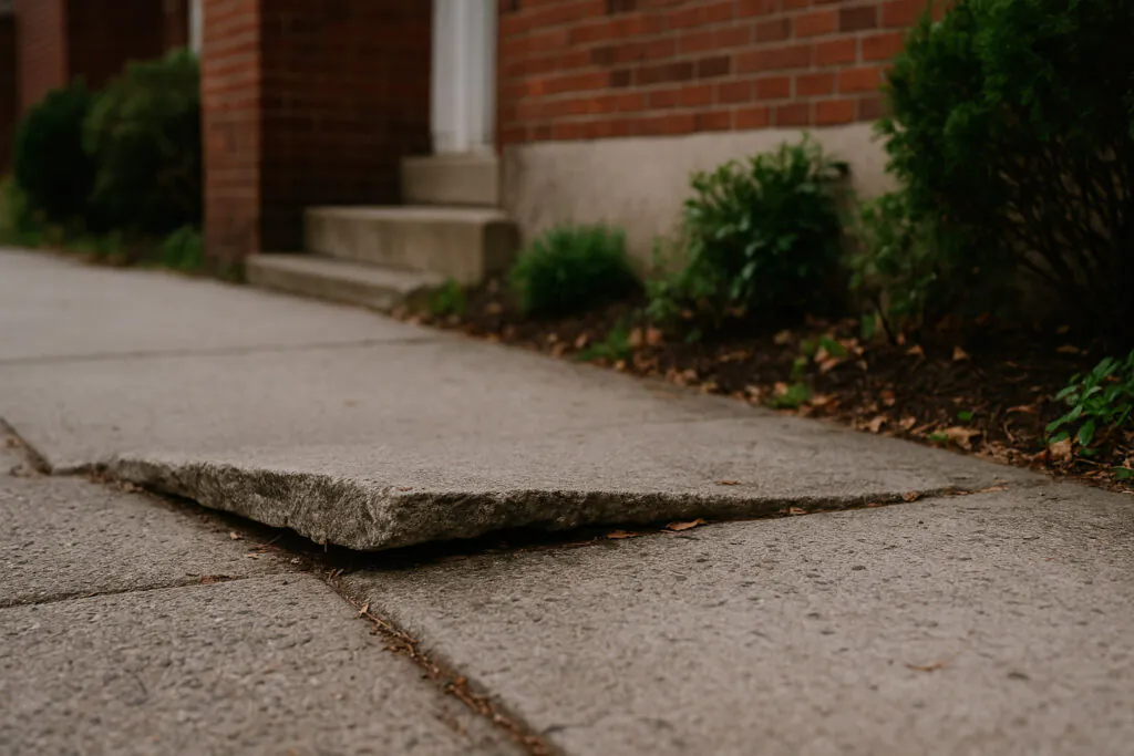 Uneven concrete pedestrian walkway with a raised broken slab edge in North Bergen NJ