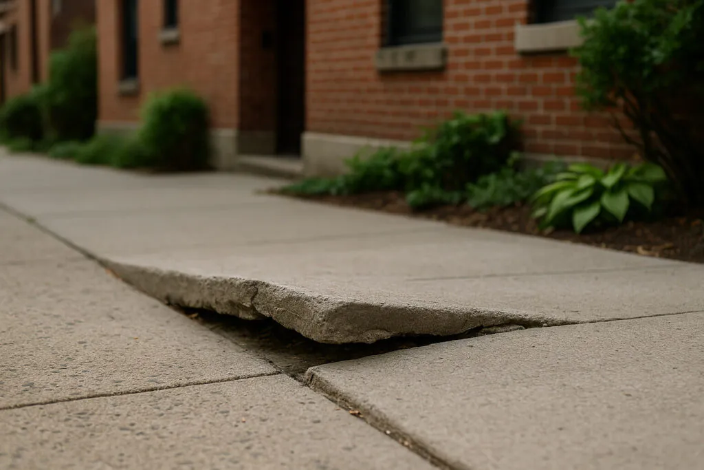 Uneven concrete pedestrian walkway with a raised broken slab edge in Hoboken NJ