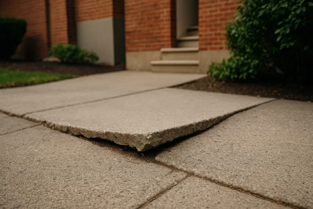 Uneven concrete pedestrian walkway with a raised broken slab edge in Guttenberg NJ