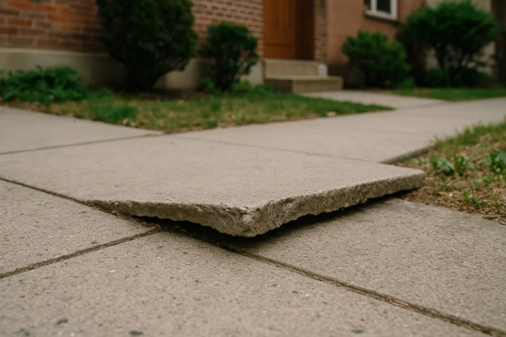 Uneven concrete pedestrian walkway with a raised broken slab edge in Jersey City NJ