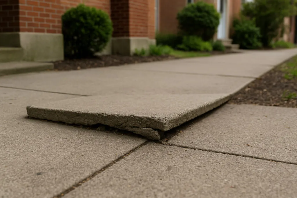 Uneven concrete pedestrian walkway with a raised broken slab edge in Bayonne NJ