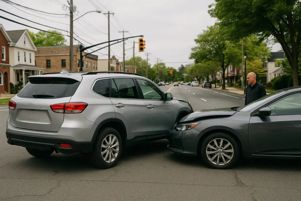Vehicles at an intersection after a minor collision in Ridgewood NJ, Bergen County, New Jersey
