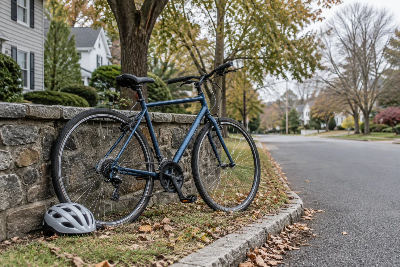 Bicycle and helmet beside a stone wall on a quiet suburban street
