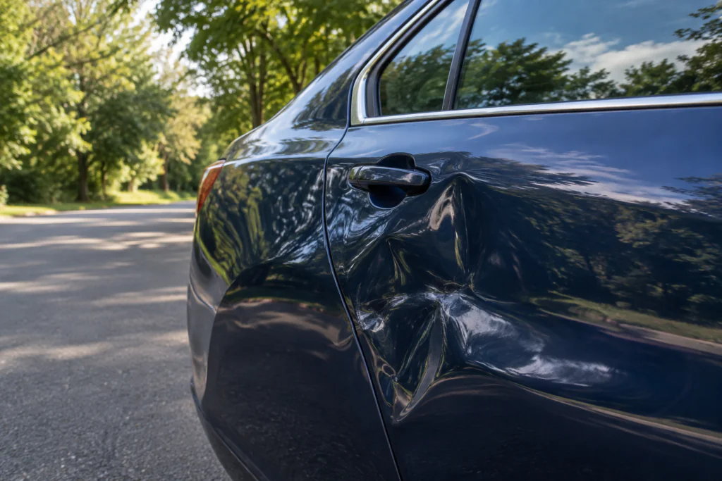 Parked sedan with a dented rear quarter panel