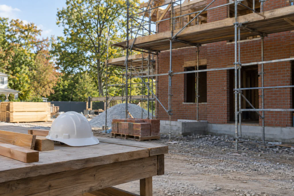Hard hat and scaffolding at an empty construction site