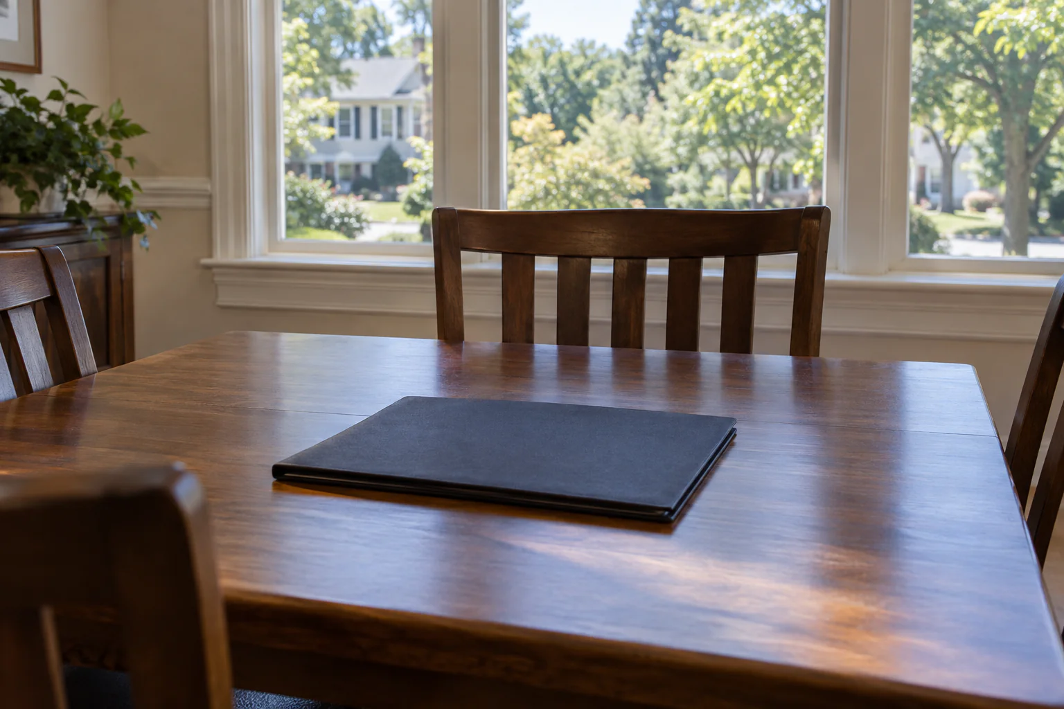 Closed document folder on a table in a quiet home