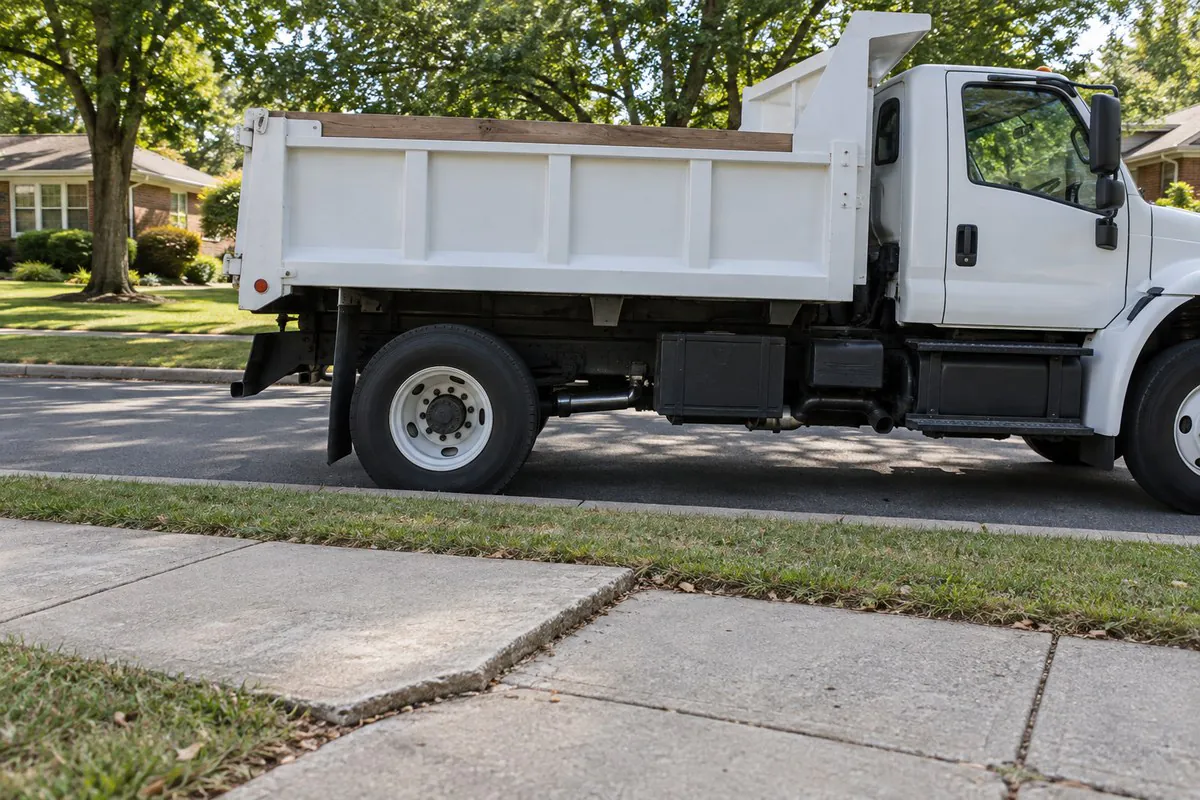 Unmarked work truck beside an uneven sidewalk on a New Jersey suburban street