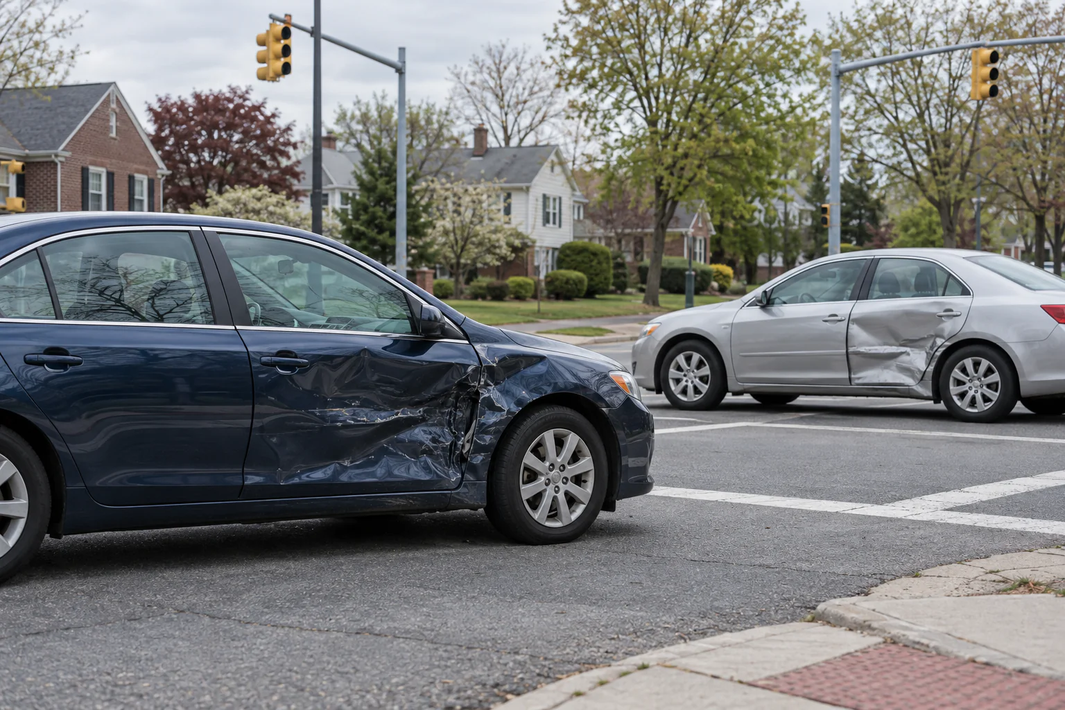 Unoccupied cars with side-impact damage at a suburban New Jersey intersection