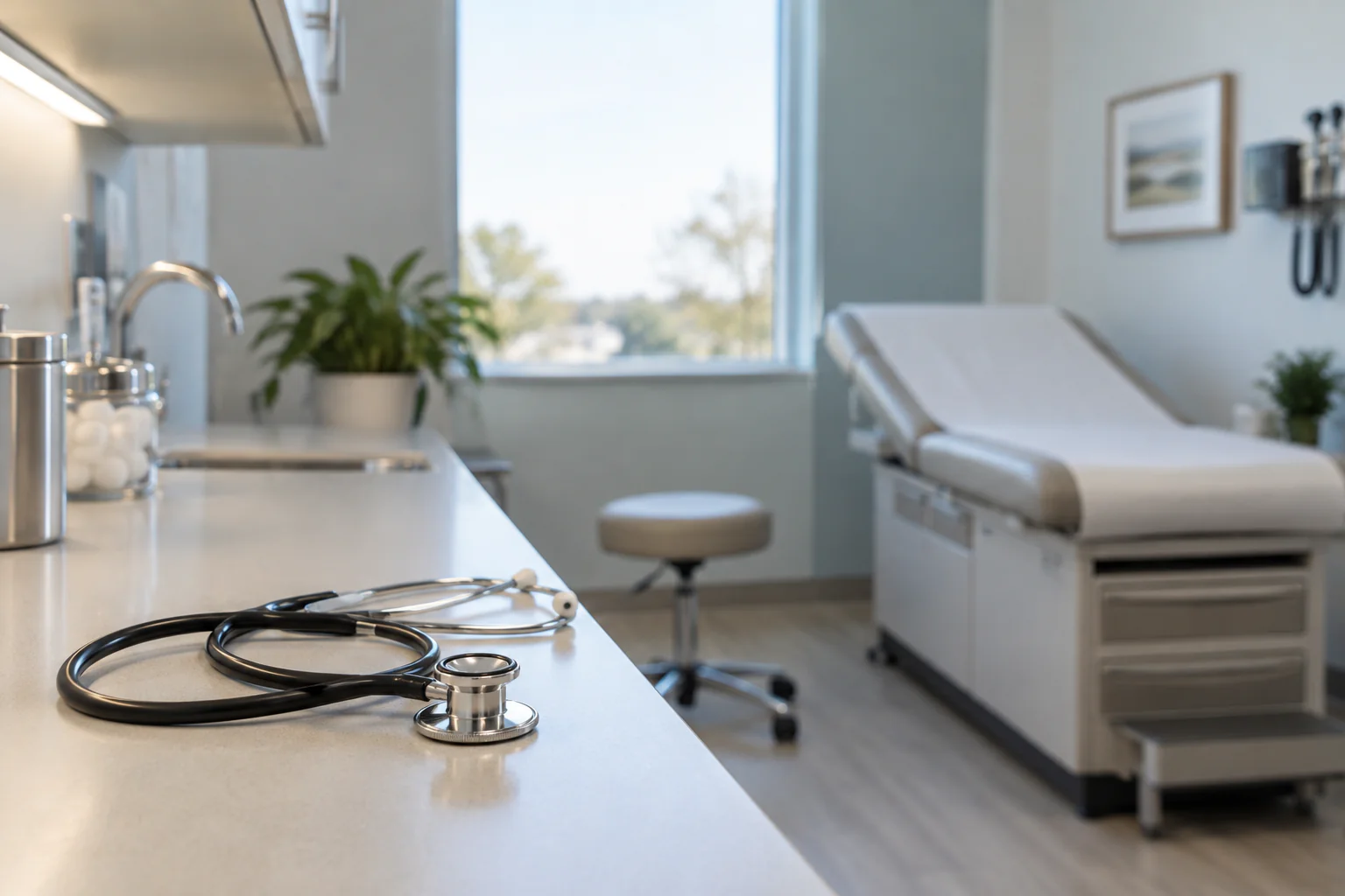 Stethoscope on a counter in an empty medical examination room