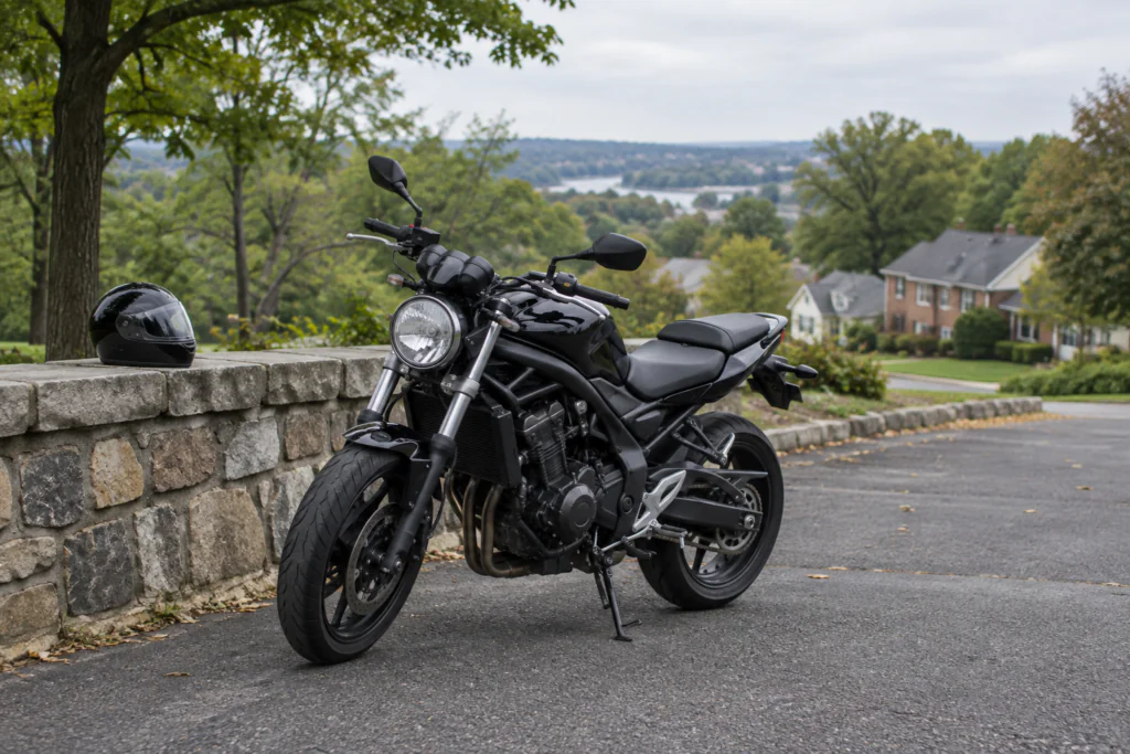 Parked motorcycle and helmet beside a stone wall in a New Jersey-style suburban setting