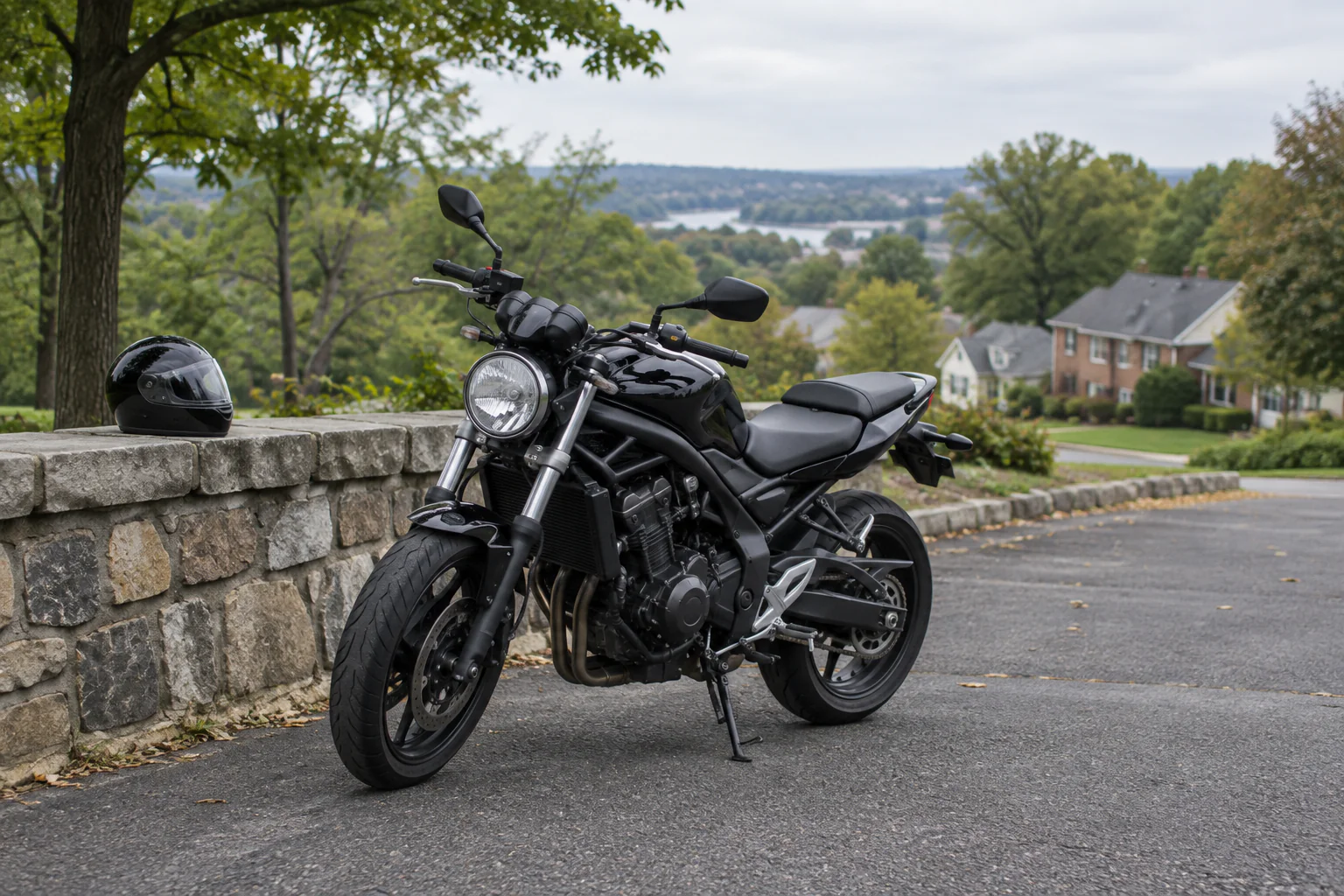 Parked motorcycle and helmet beside a stone wall in a New Jersey-style suburban setting
