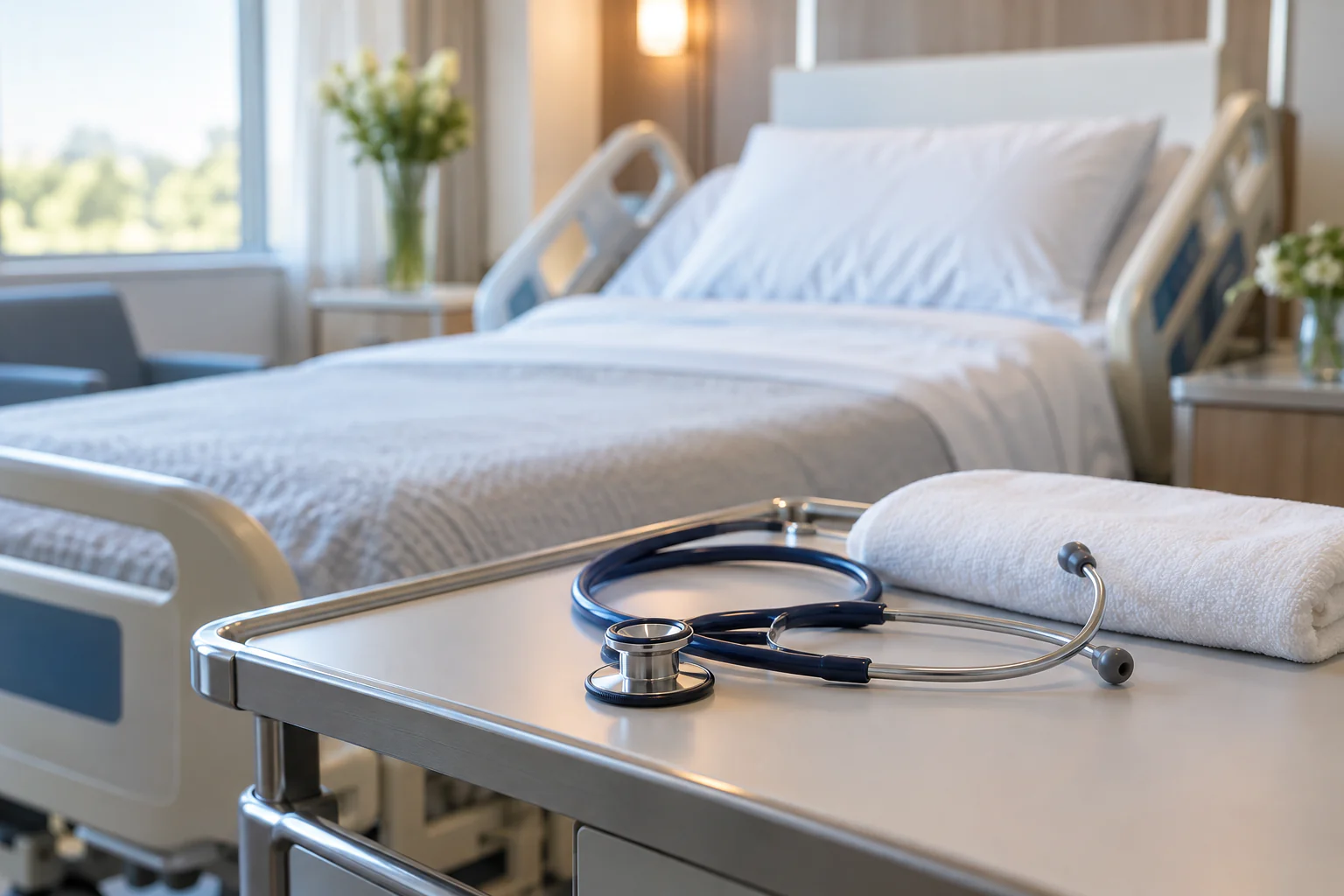 Unoccupied patient room with nursing equipment