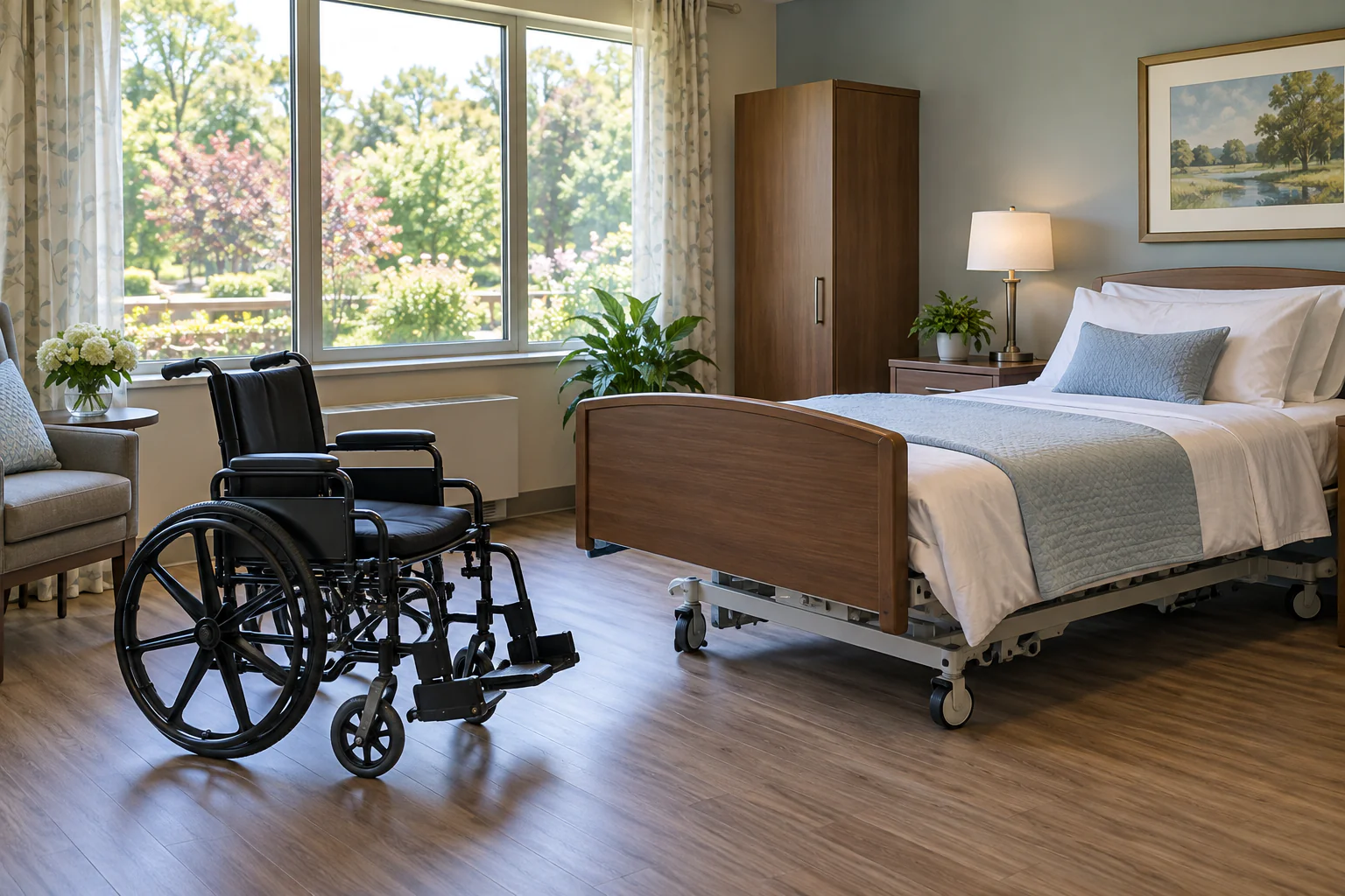 Empty wheelchair beside an adjustable nursing home bed