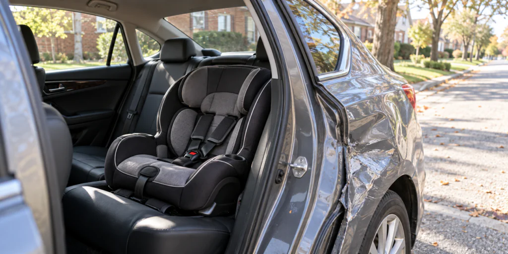 Empty child safety seat in an unoccupied car with side-impact damage on a New Jersey suburban street