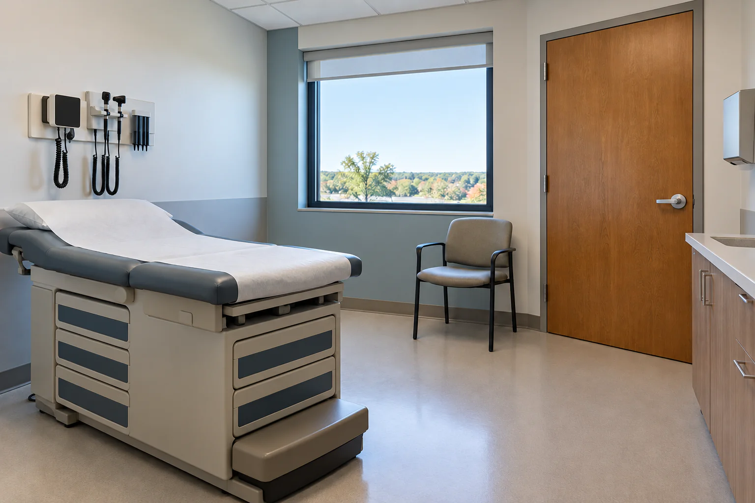 Empty hospital examination room with a closed door and a chair