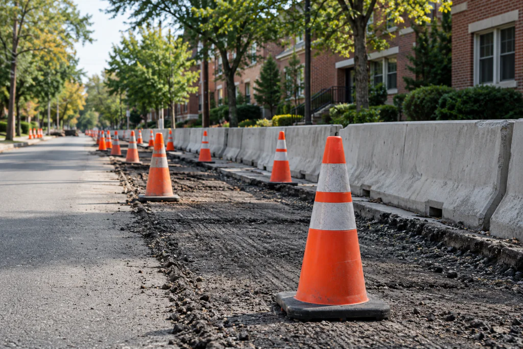 Unmarked cones and concrete barriers beside exposed asphalt in a New Jersey road work zone