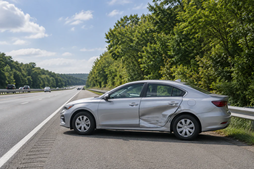 Unoccupied damaged sedan on a New Jersey highway shoulder