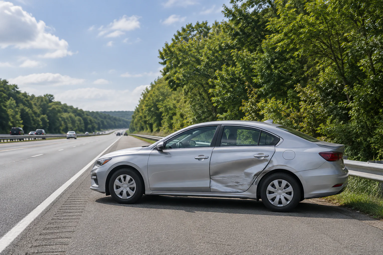 Unoccupied damaged sedan on a New Jersey highway shoulder