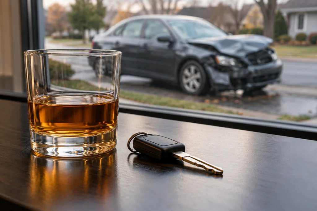 Unmarked drink and car key with an unoccupied damaged car in the background