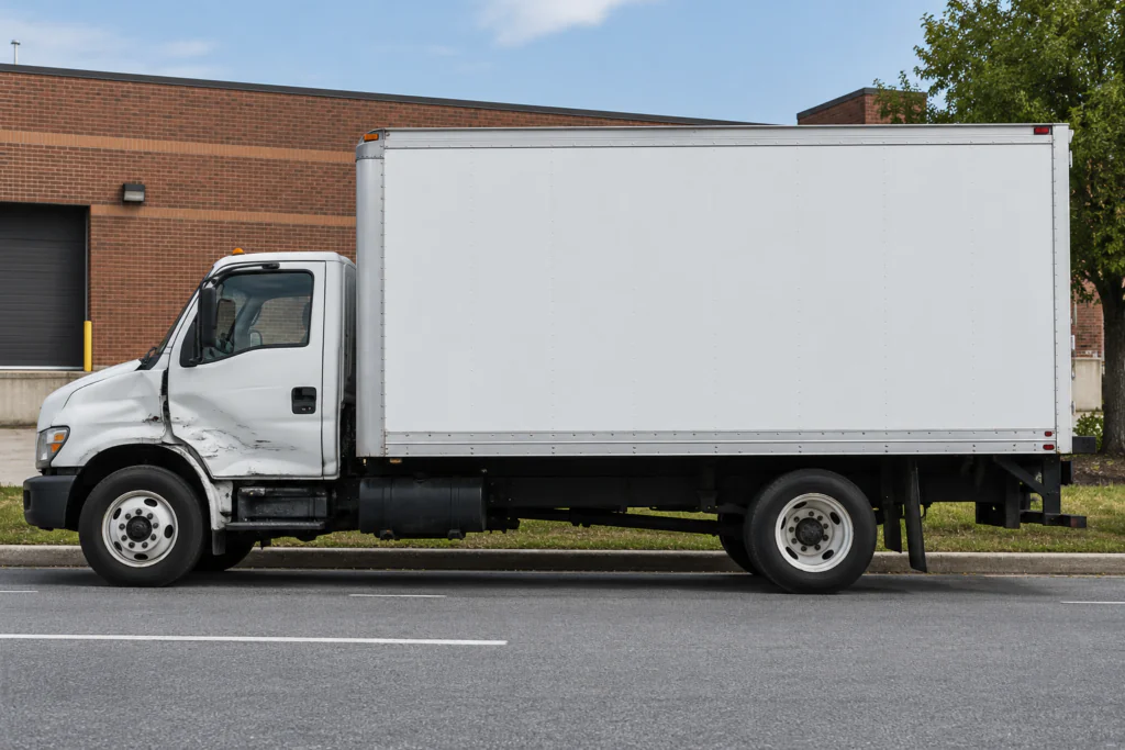 Unmarked commercial box truck with cab-side damage outside a New Jersey warehouse