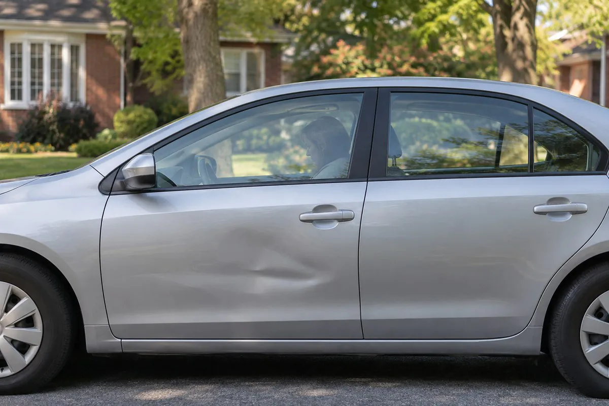Silver sedan with collision damage on a tree-lined New Jersey suburban street