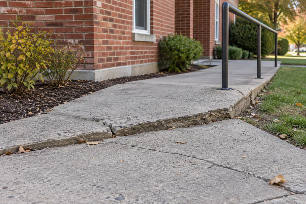 Raised uneven concrete walkway beside a brick building