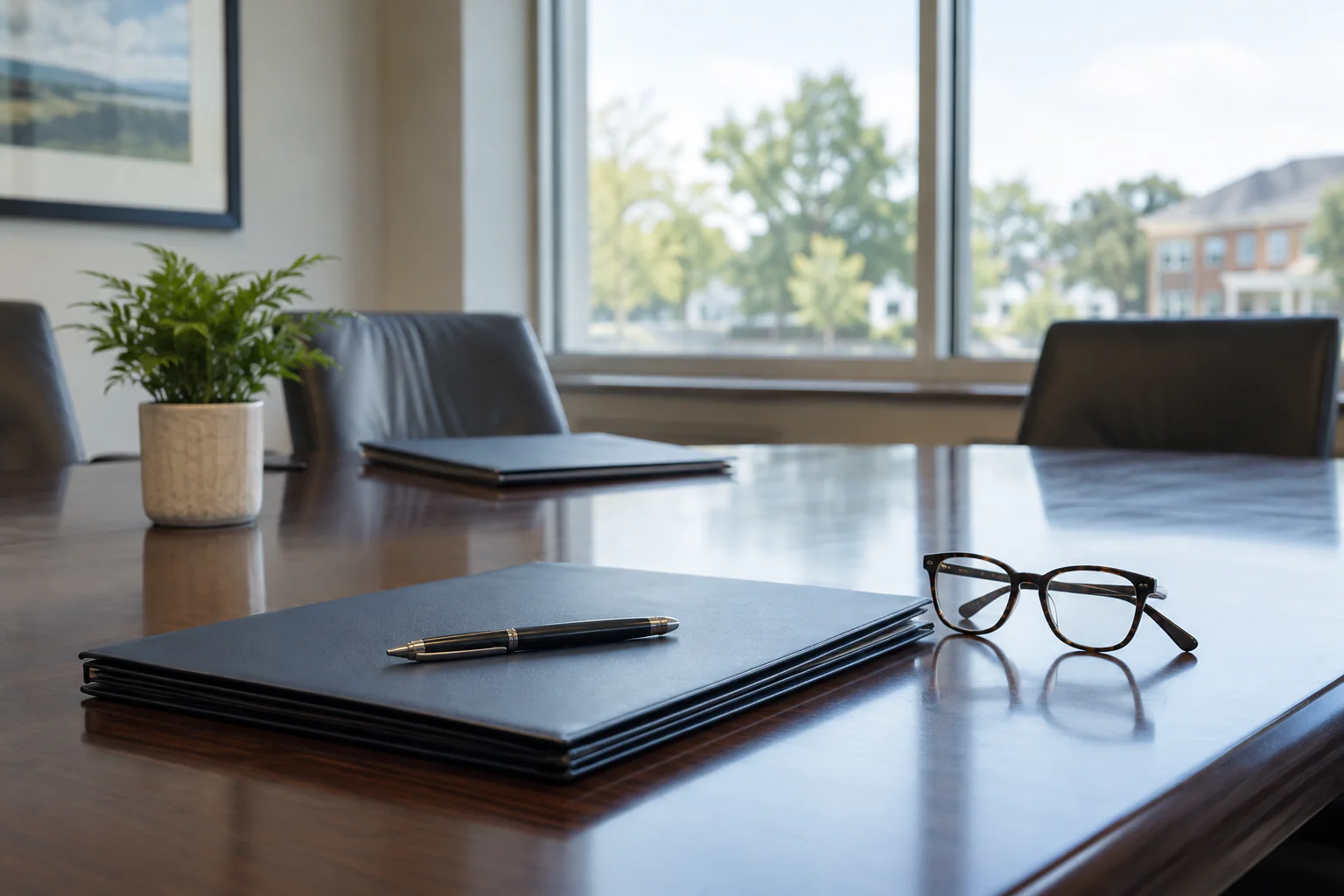 Unmarked folders and a pen on a professional office conference table