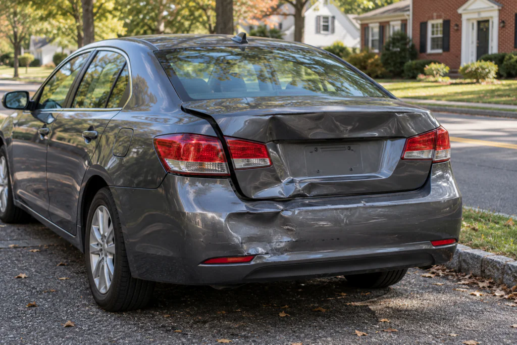 Unoccupied sedan with rear bumper and trunk damage on a suburban New Jersey street