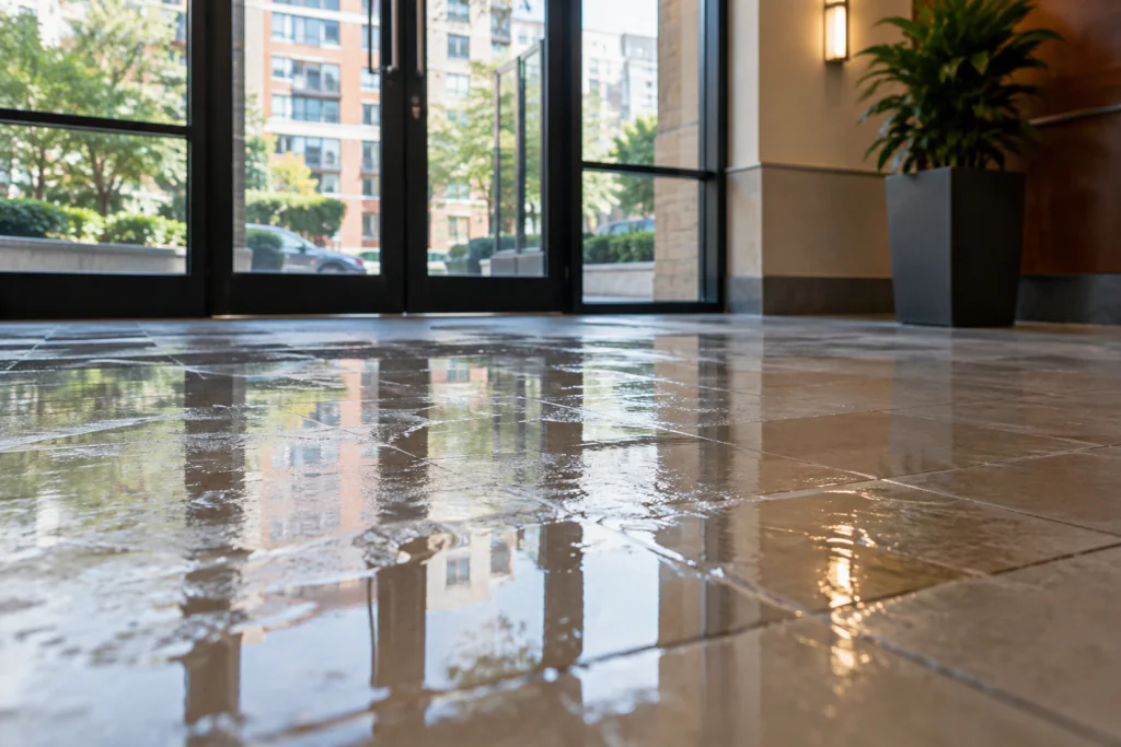 Wet tile floor near an entrance