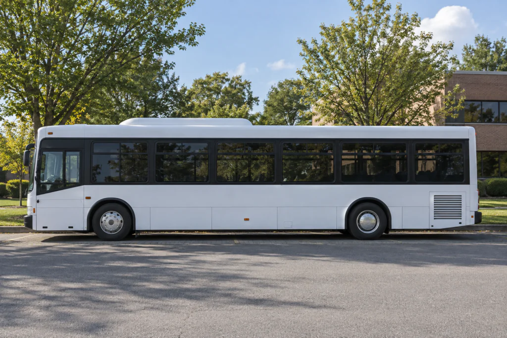 Unmarked commuter bus at a suburban stop