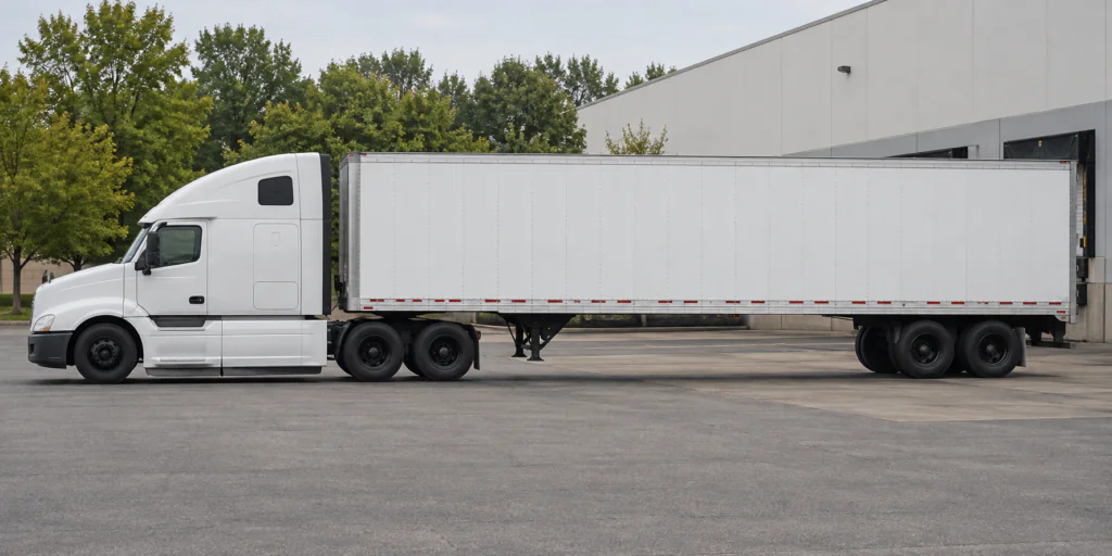 Plain tractor trailer parked in a warehouse lot