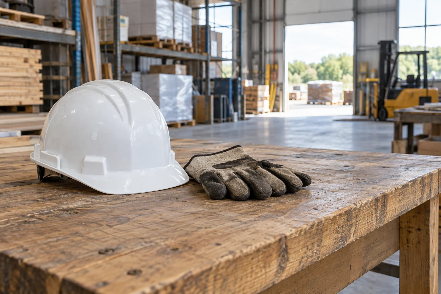 Safety equipment on an unoccupied workplace bench
