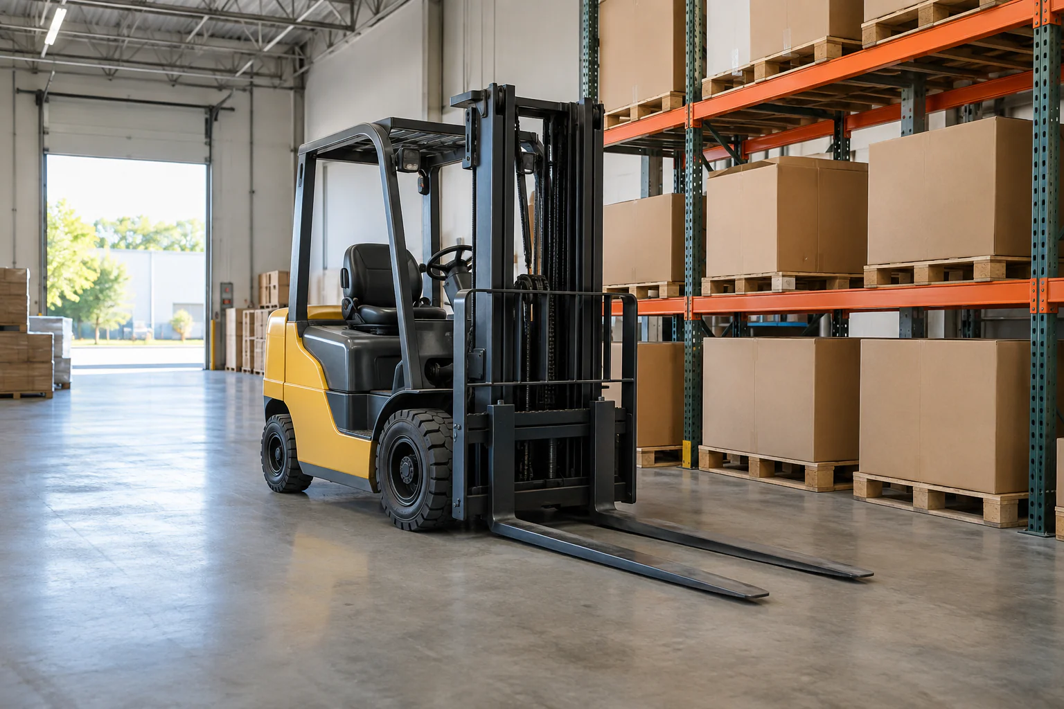 Parked forklift with lowered forks in a warehouse aisle