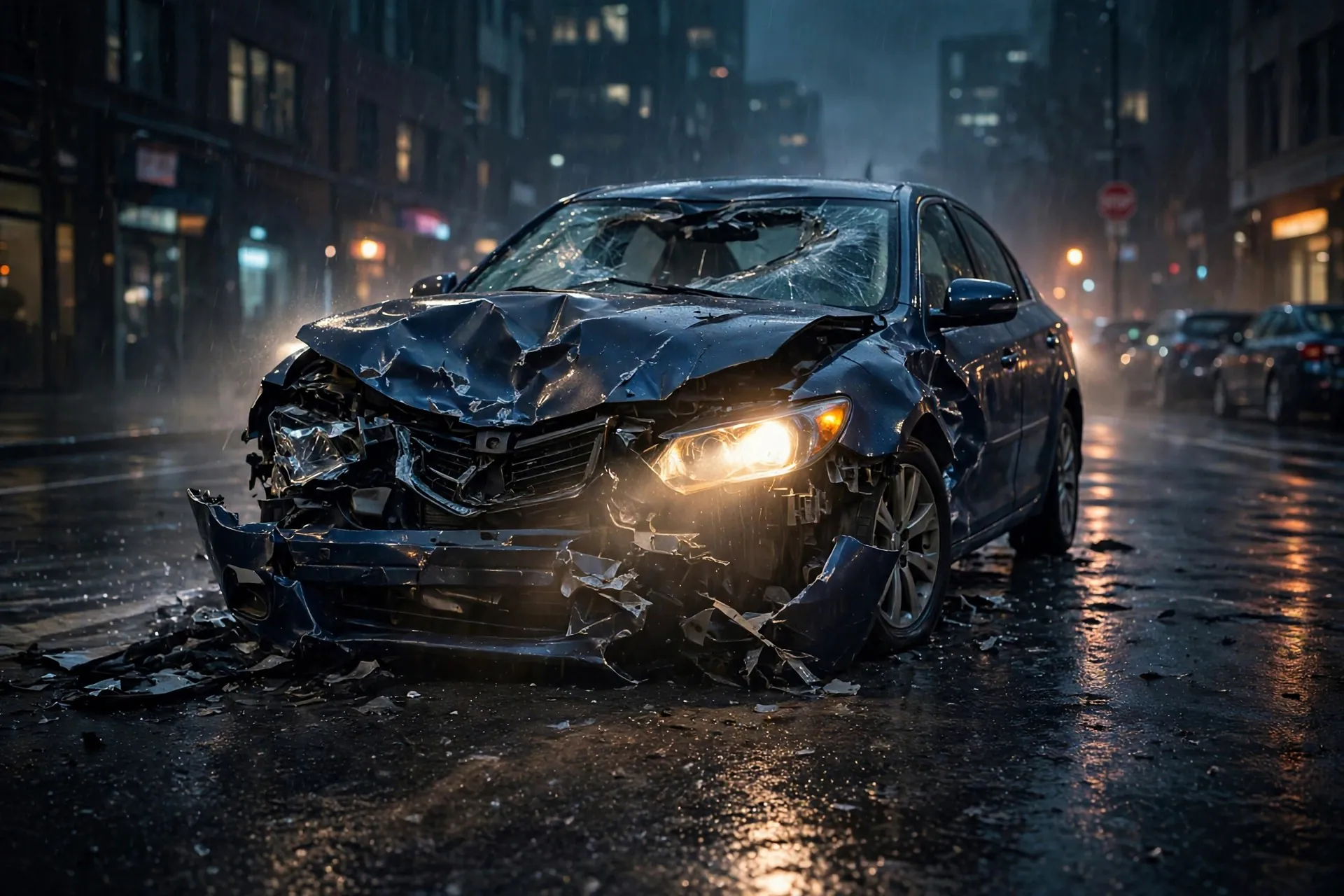 AI-generated wrecked car at night — car accident legal help from The Epstein Law Firm