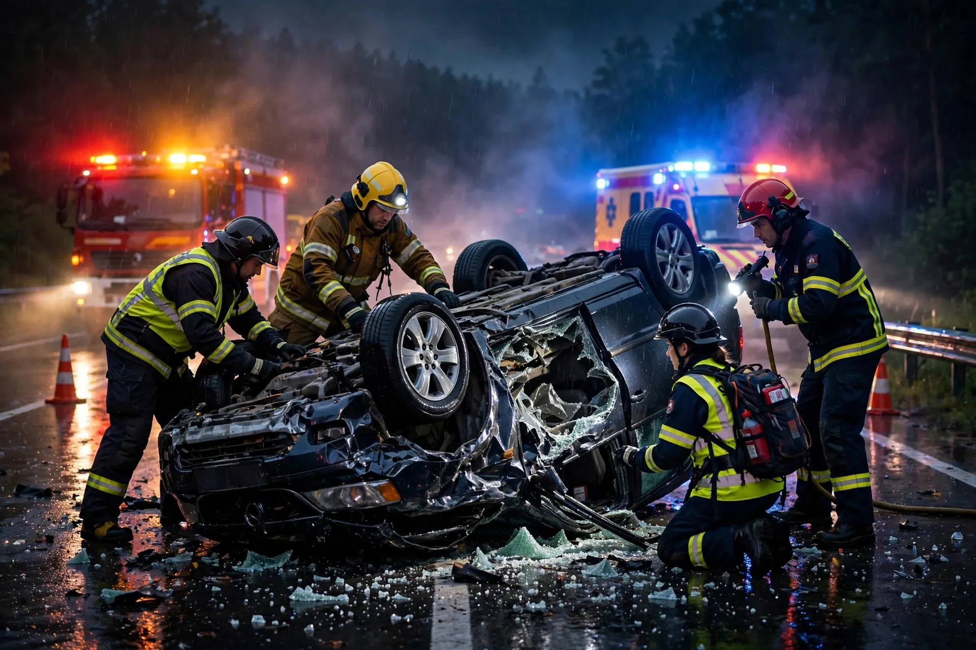 AI-generated emergency responders at an overturned vehicle — accident legal help from The Epstein Law Firm