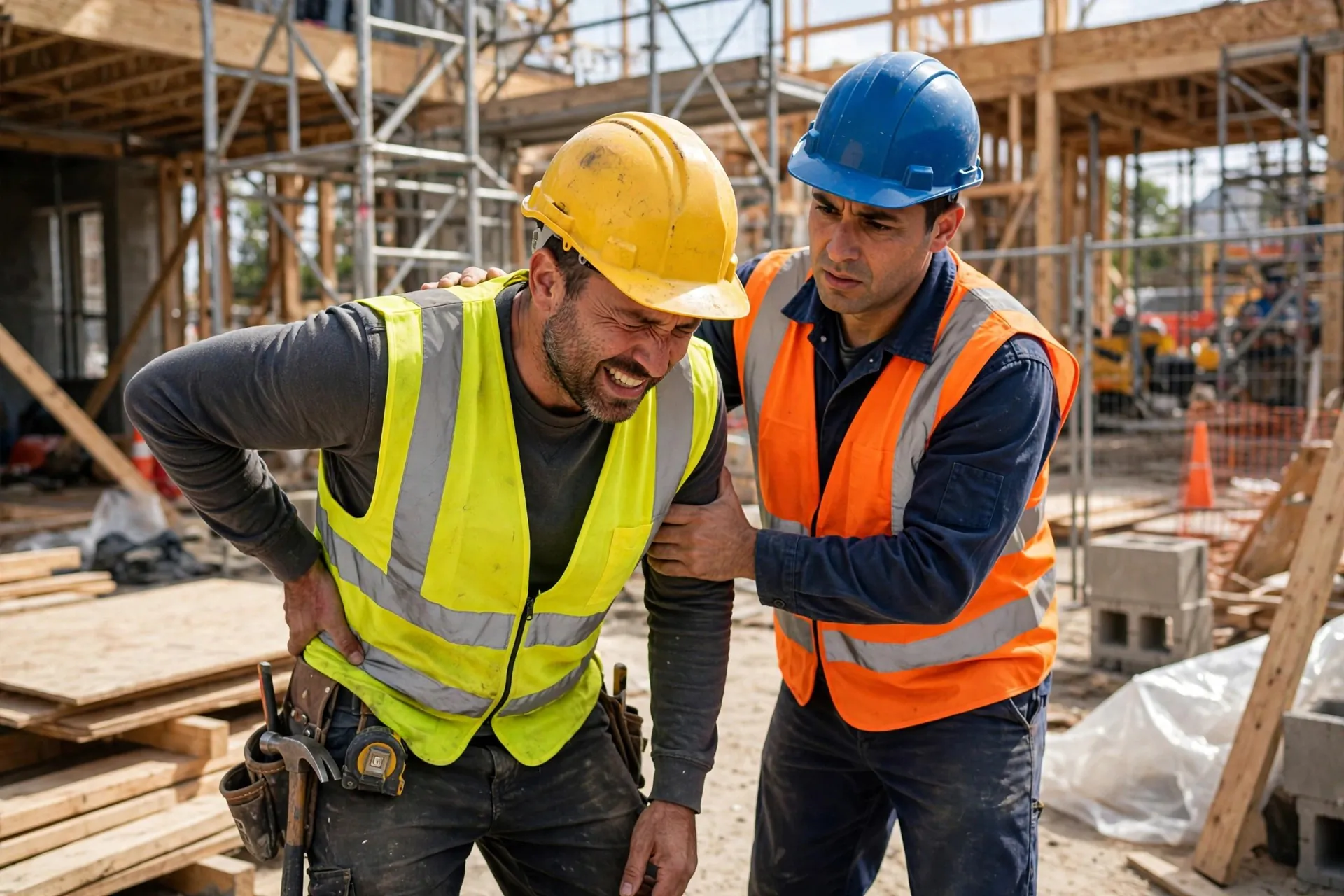 AI-generated injured construction worker helped by a colleague — workplace injury legal help from The Epstein Law Firm