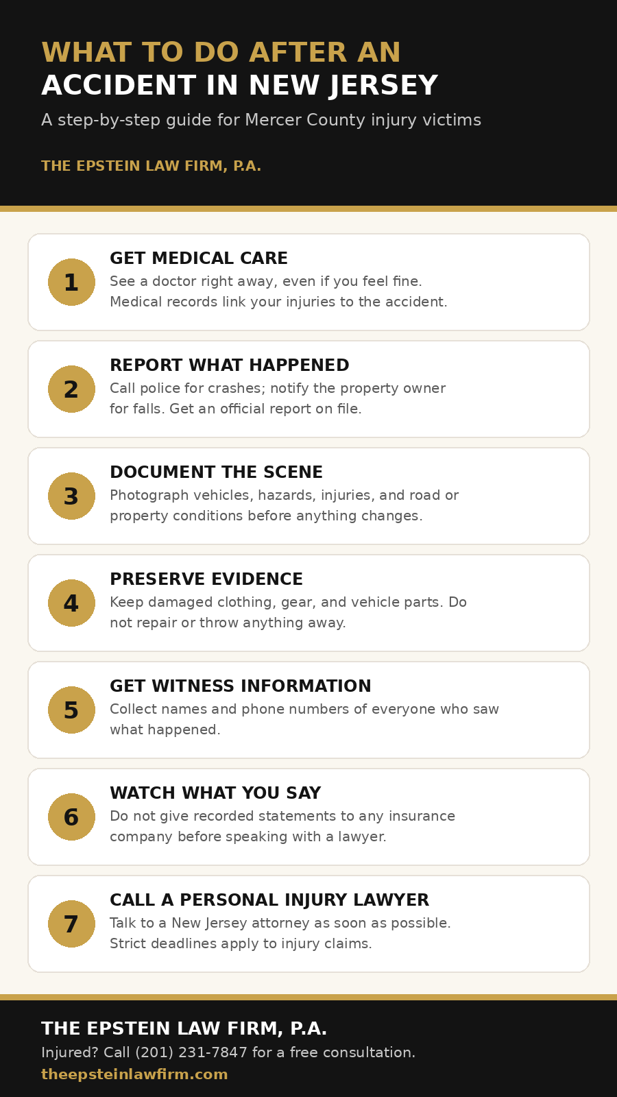 What to do after an accident in Mercer County, New Jersey: 7-step checklist infographic