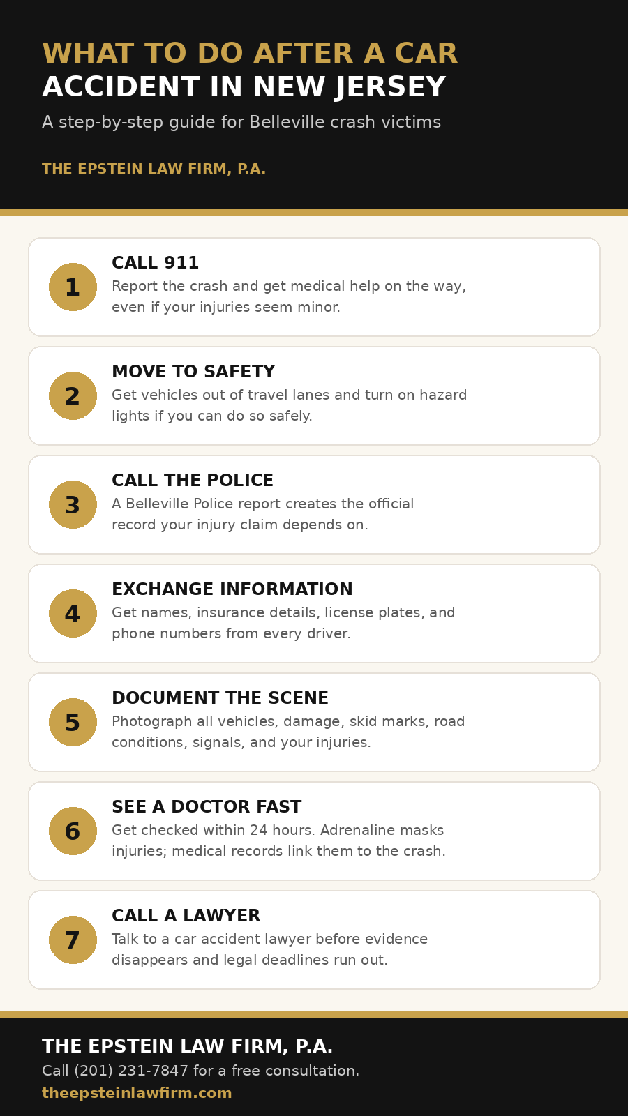 What to do after a car accident in Belleville, New Jersey: 7-step checklist infographic