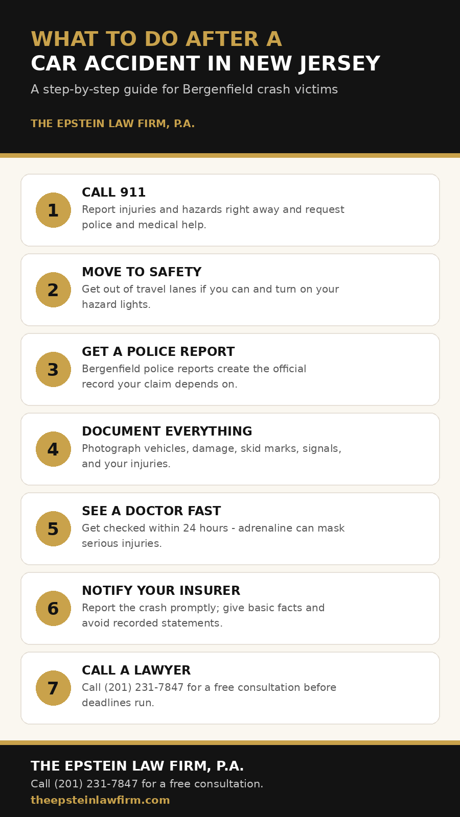 What to do after a car accident in Bergenfield, New Jersey: 7-step checklist infographic