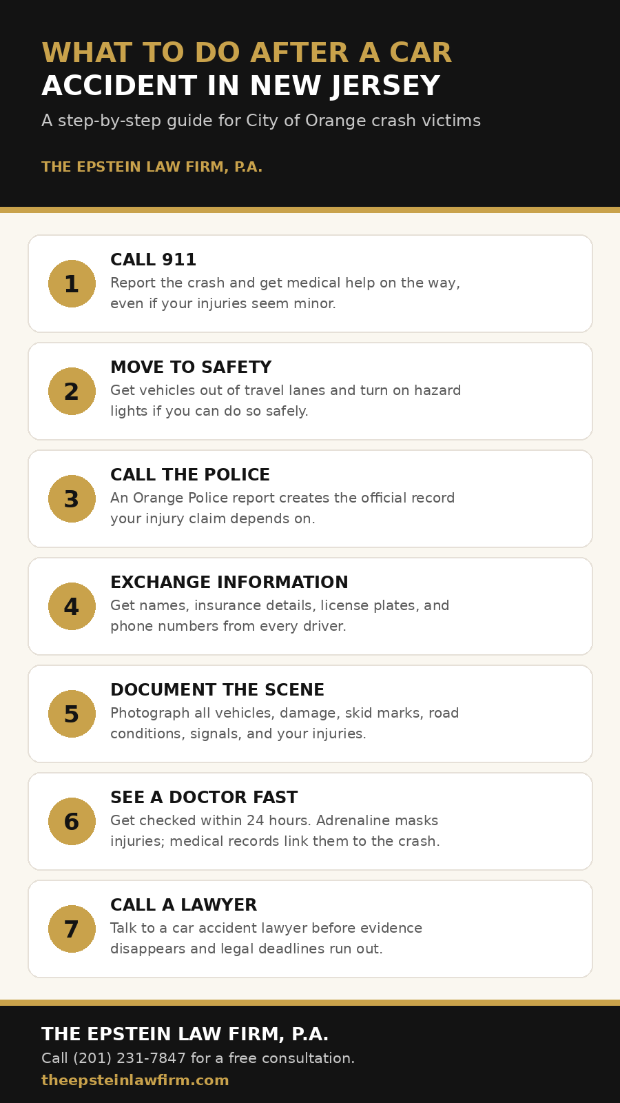 What to do after a car accident in City of Orange, New Jersey: 7-step checklist infographic