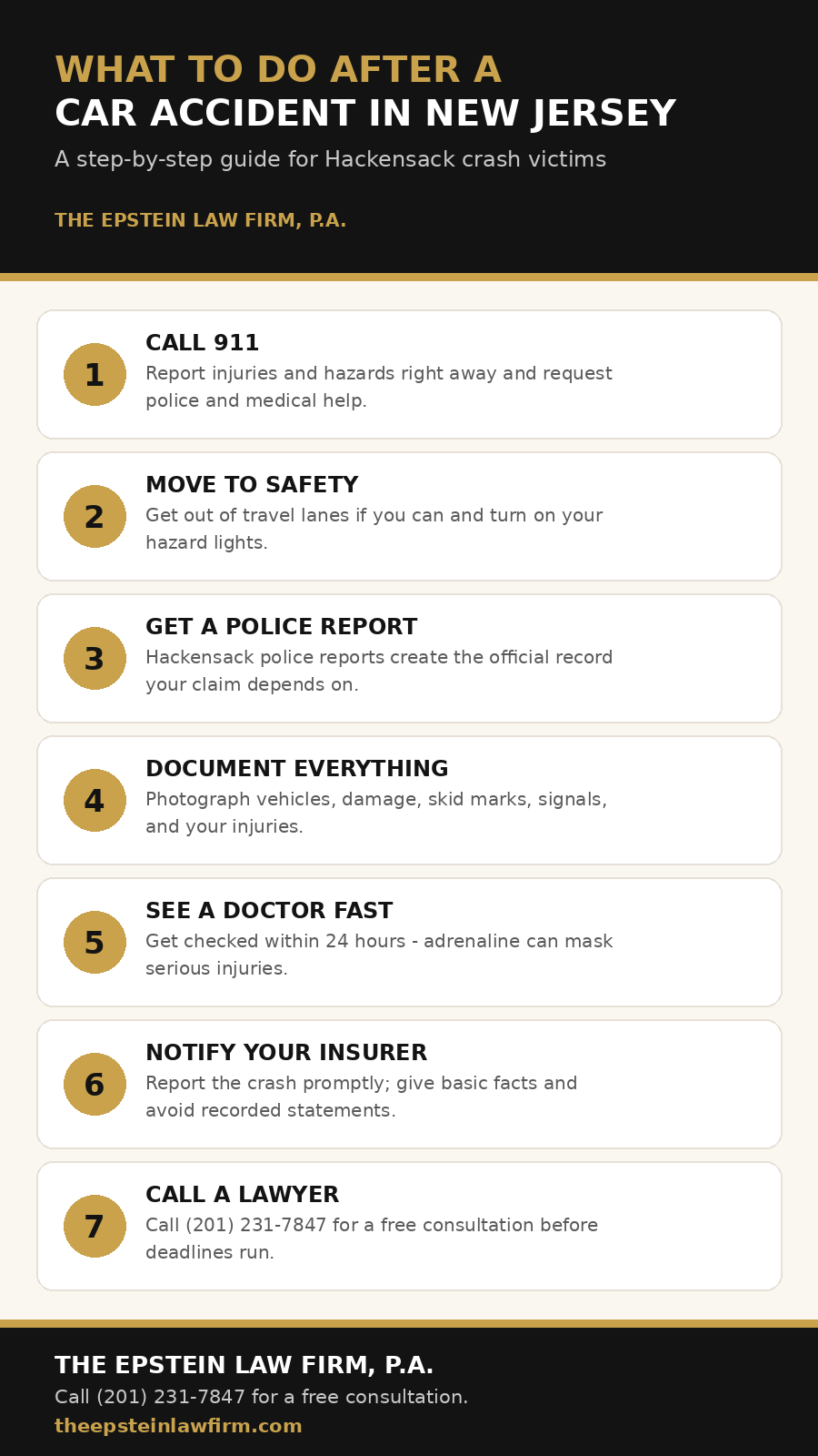 What to do after a car accident in Hackensack, New Jersey: 7-step checklist infographic