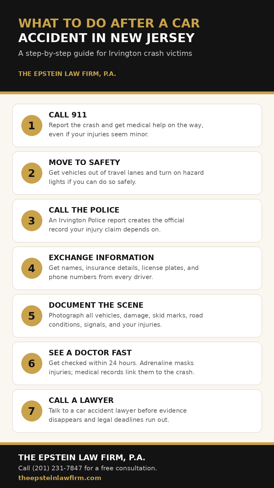 What to do after a car accident in Irvington, New Jersey: 7-step checklist infographic